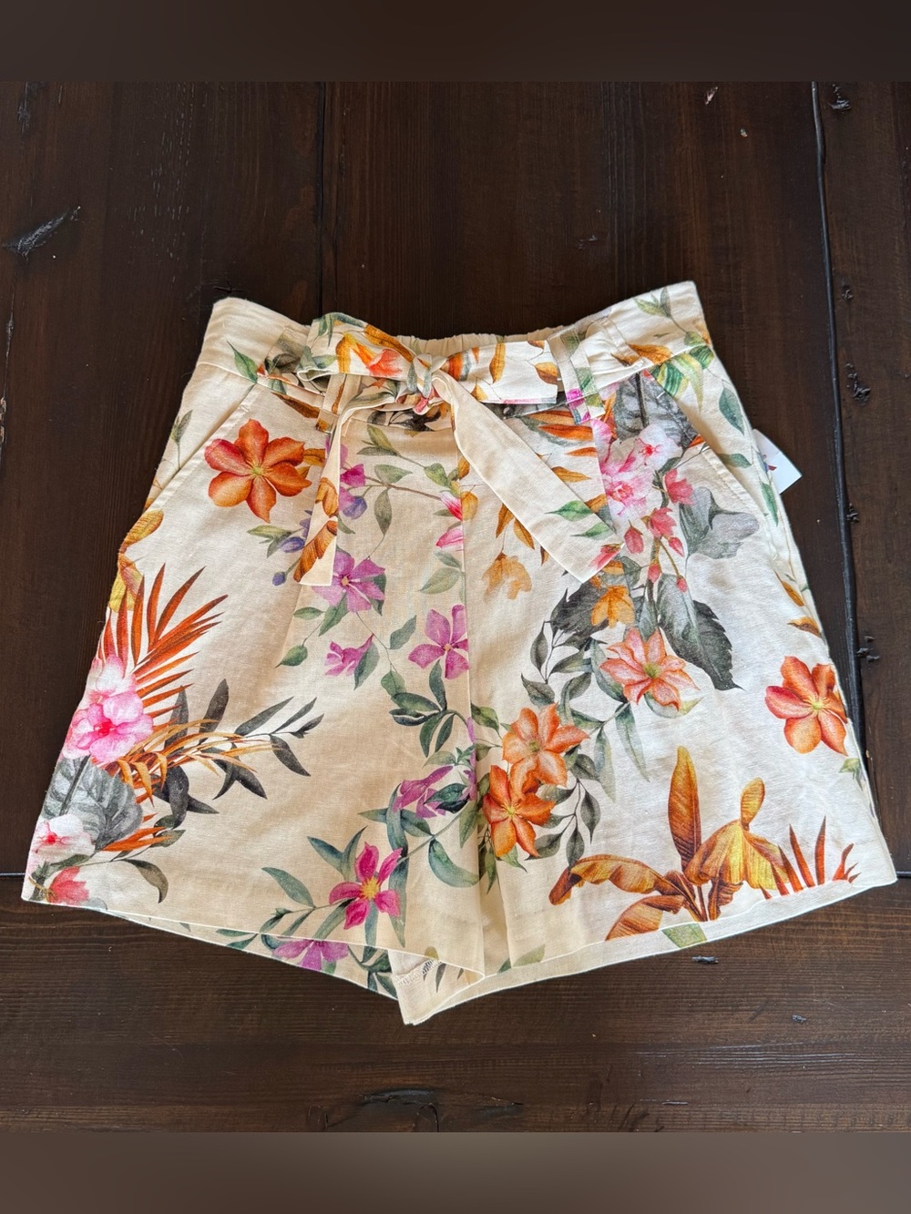 C&C California Shorts Womens 4 Linen Tie Waist Floral High Rise Flower NWT